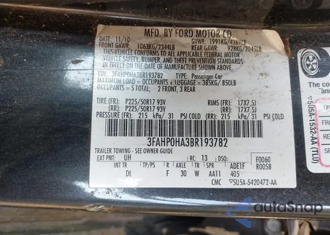 2011 Ford Fusion Se from USA, damaged, VIN 3FAHP0HA3BR193782